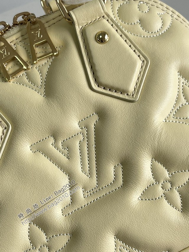 LV專櫃2023新款絎縫牛皮革刺繡Monogram圖案手提女包 M59821黃 路易威登Alma BB手袋貝殼包 dn1200